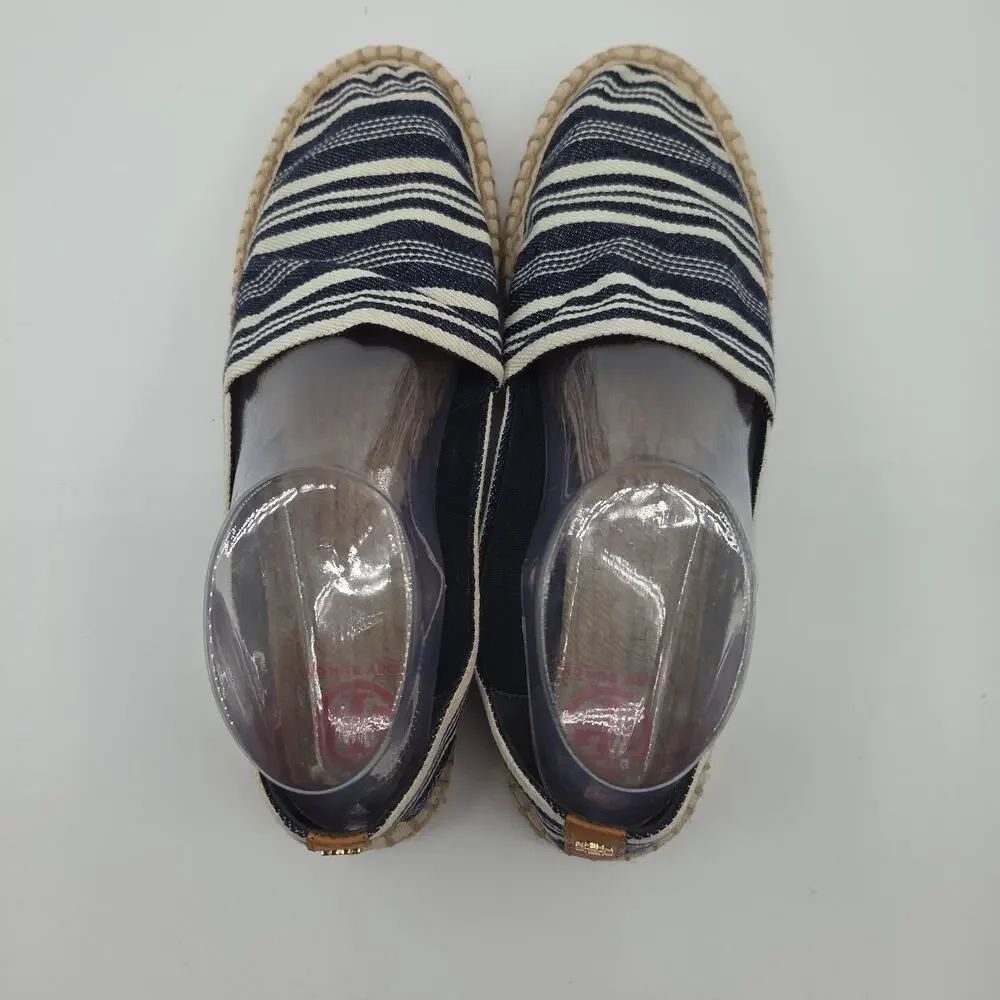 Tory Burch Espadrille Flats 9 Navy White Stripe Canvas Slip On Coastal Preppy
